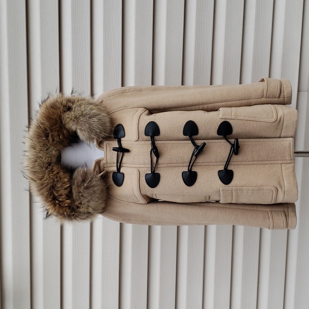 BURBERRY CHECK LINED WOOL TOGGLE DUFFLE COAT WITH FUR TRIMMED HOOD